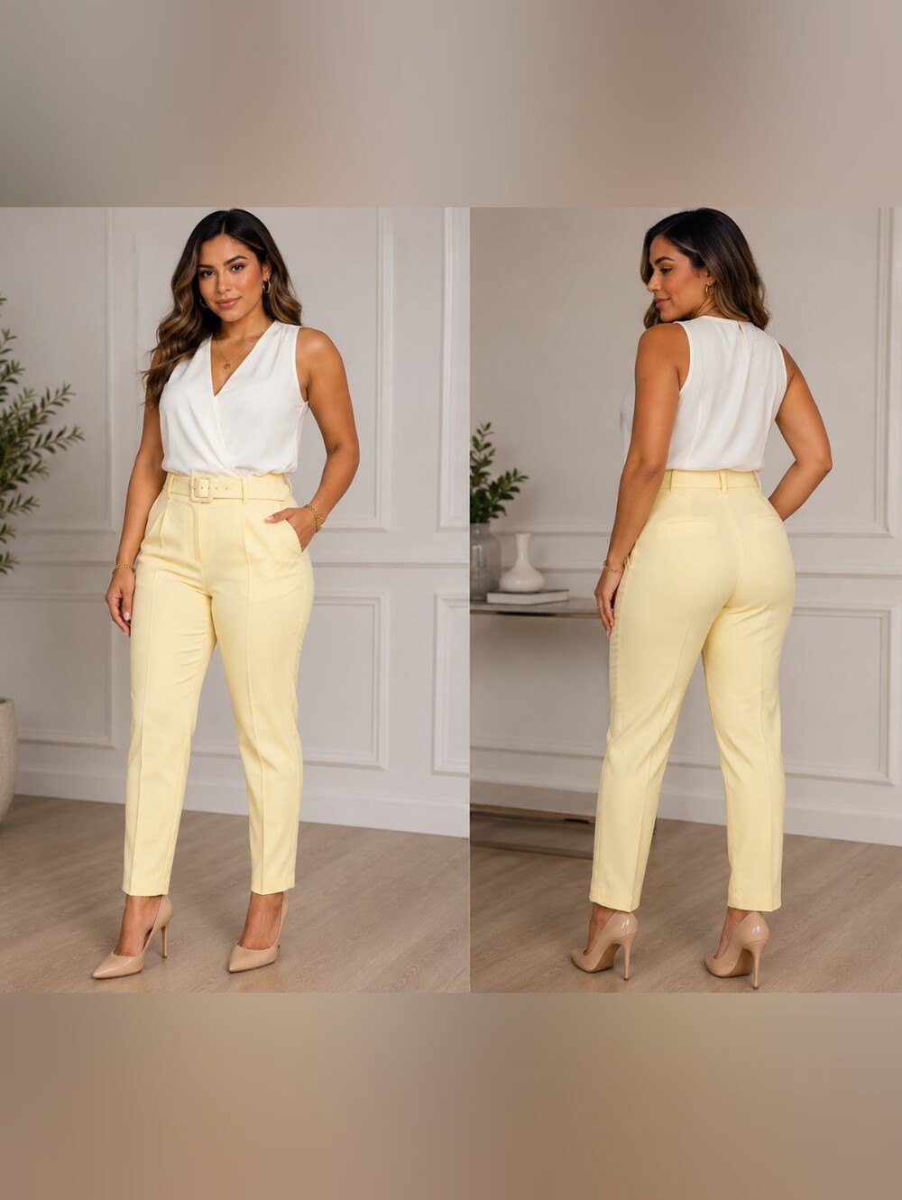High-Rise Belted Tailored Trousers in Soft Yellow - Picture 2 of 8
